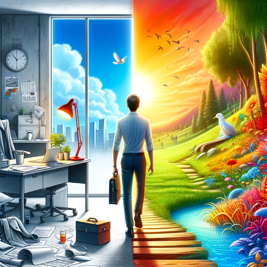 Imagine a bright, engaging scene that visually represents the concept of discovering a new self and the opportunities that come with a career change in one's 20s. The image features a vibrant landscape split into two distinct but interconnected parts. On one side, a young professional in a monochrome, rigid office environment looks uncertain or contemplative, symbolizing the initial phase of career exploration or dissatisfaction. This side includes a cluttered desk, a clock to represent the passing of time, and a window showing a dull cityscape, emphasizing the feeling of being stuck. Transitioning to the other side, the scene shifts to a colorful, open space symbolizing the new opportunities and self-discovery with a career change. The same person is now dressed in colorful, casual attire, looking confident and rejuvenated, stepping out into a lush, vibrant landscape or a creative, dynamic workspace filled with light, plants, and modern, inspiring decor. The two halves are connected by a bridge or pathway, showing the transition from the old to the new, symbolizing the journey of self-discovery and the embrace of new opportunities. The mood is uplifting and inspirational, with bright, contrasting colors highlighting the difference between the old and new phases of the person's life and career.